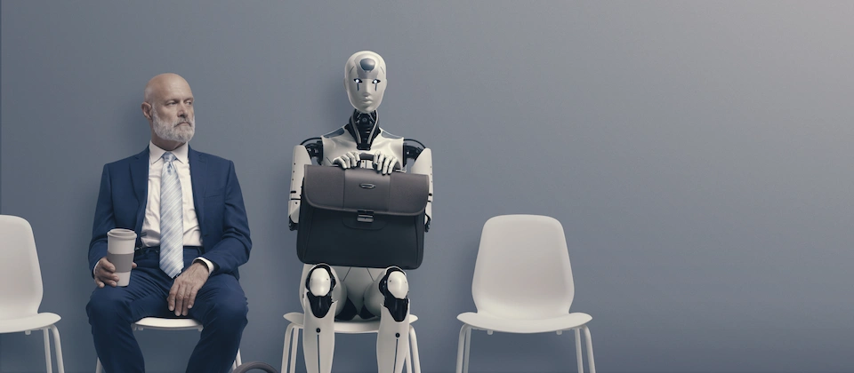 man sitting next to a robot powered by AI