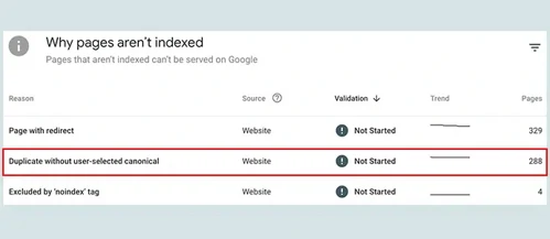 Duplicate content report from Google Search Console.